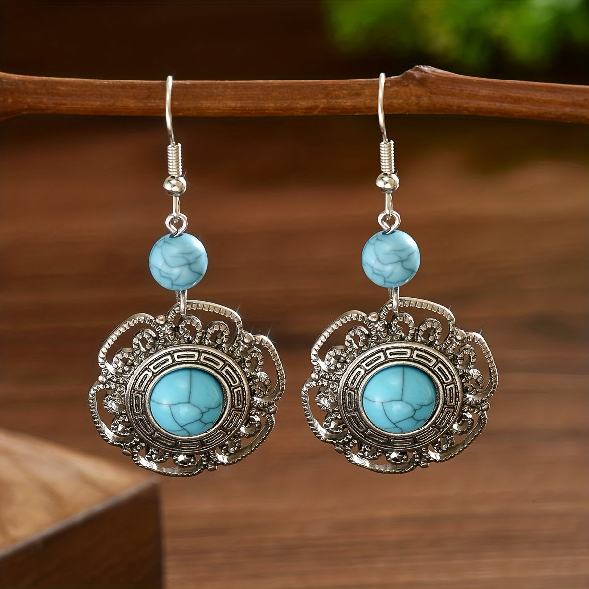 Bohemian Filigree Flower Shaped Turquoise Drop Earrings