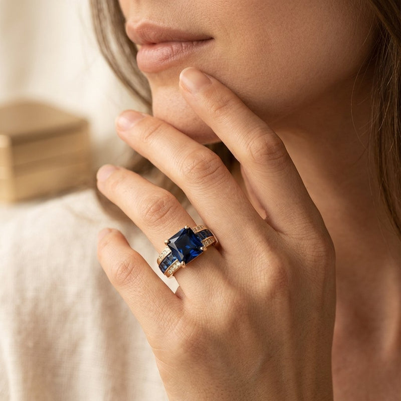 Gold Blue Sapphire Cushion Ring