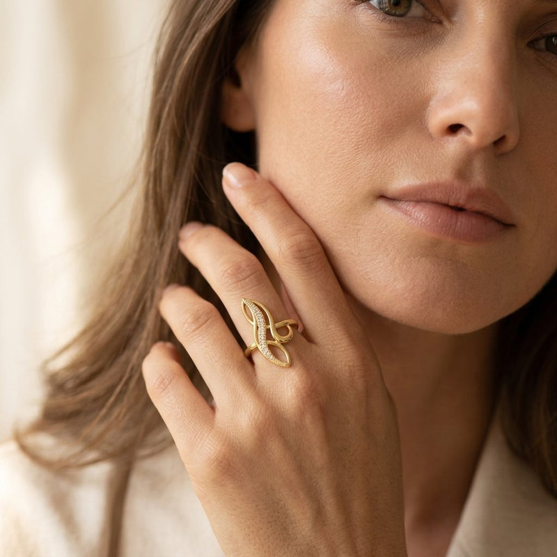 Gold Cubic Zirconia Filigree Wing Ring