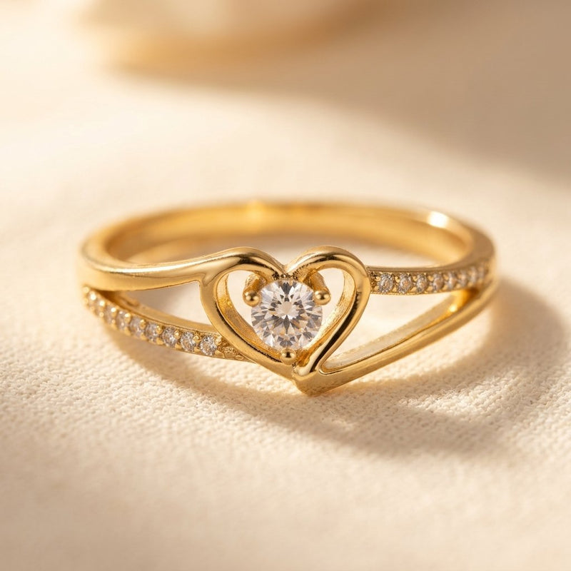 Gold Heart Shaped Round Cubic Zirconia Ring