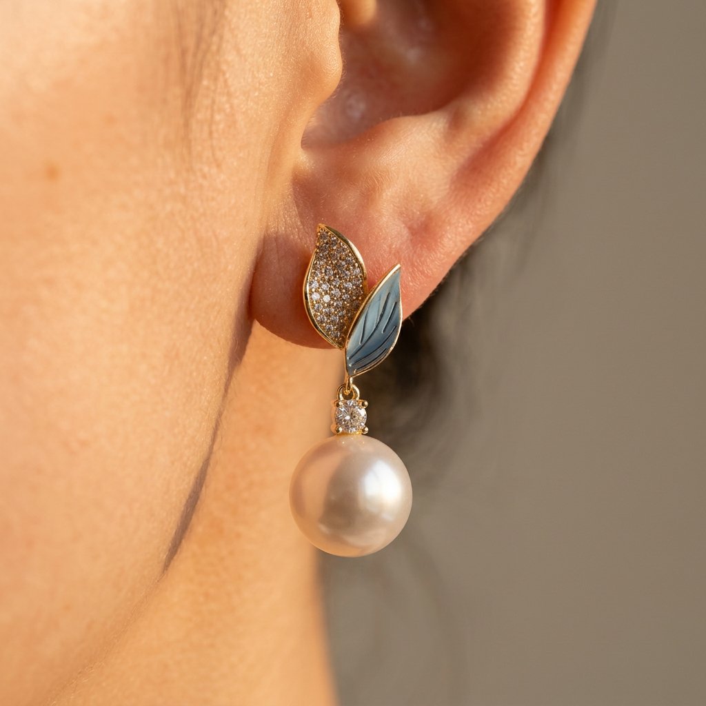 Gold Leaf Pearl Drop Dangle Earrings