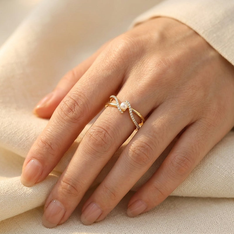 Gold Pearl Cubic Zirconia Twist Ring