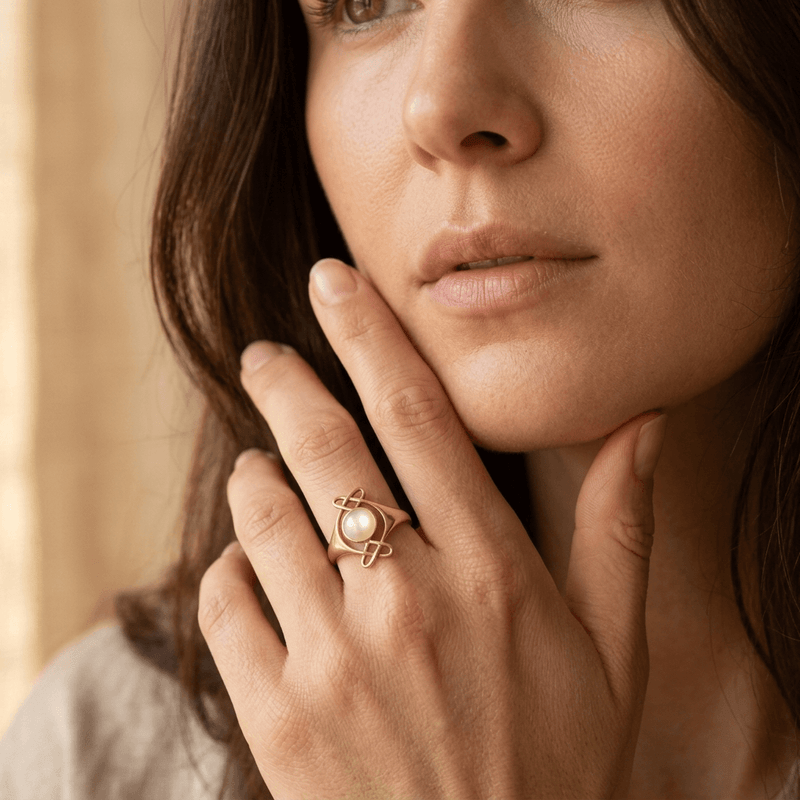 Gold Pearl Infinity Knot Ring