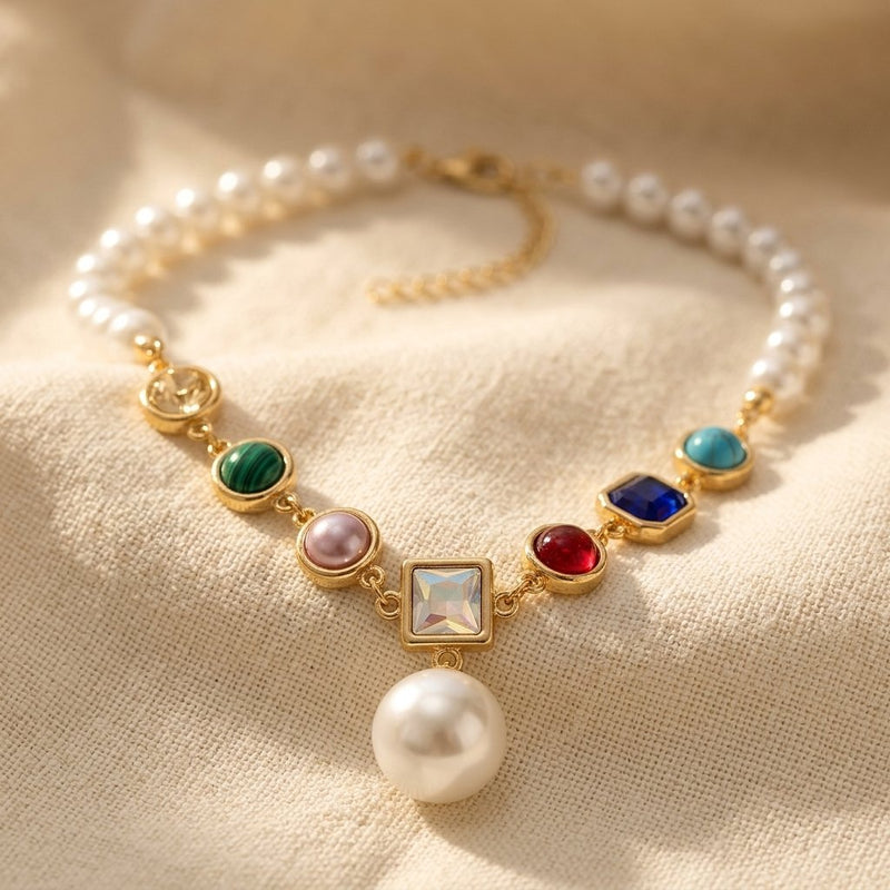 Gold Pearl Multistone Pendant Necklace