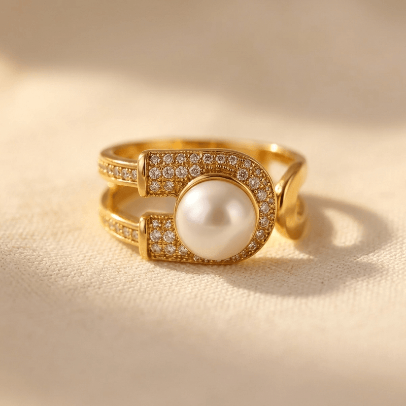 Gold Pearl Zirconia U Shaped Ring