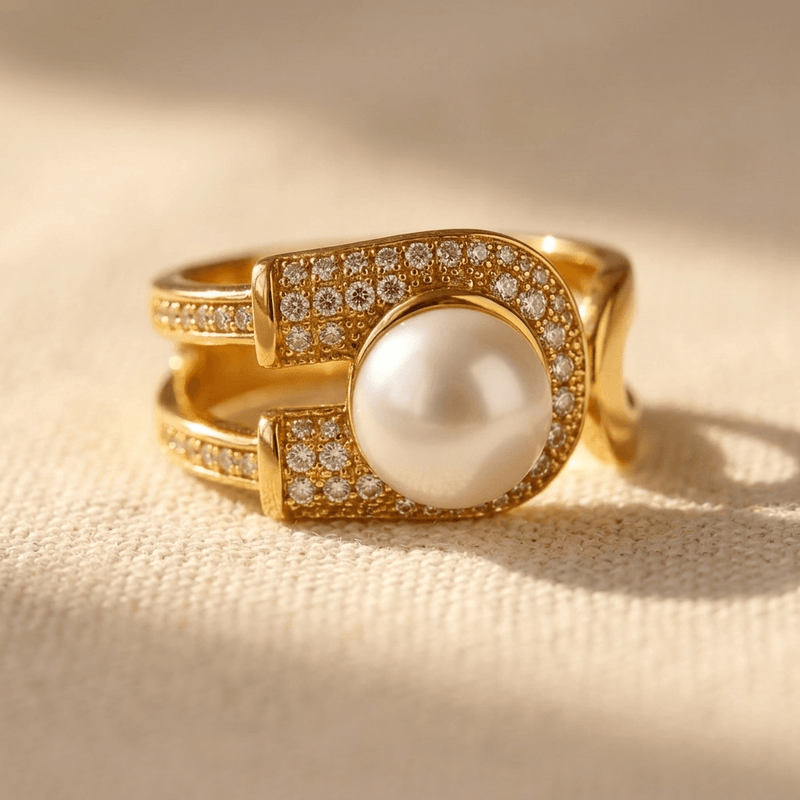 Gold Pearl Zirconia U Shaped Ring