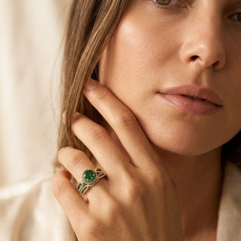 Gold Plated Emerald Filigree Ring Set