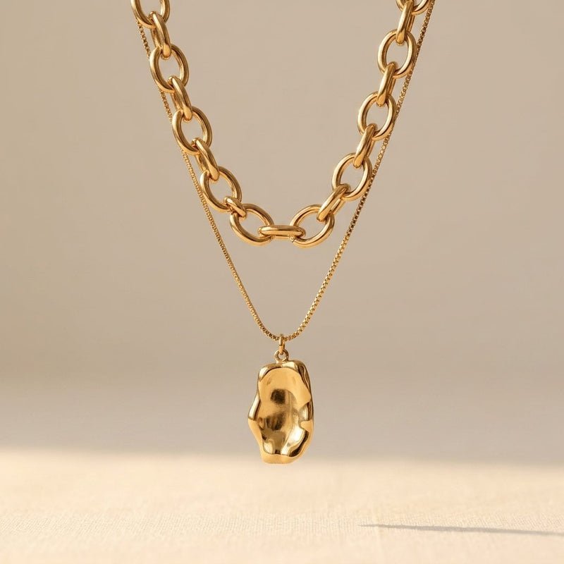 Gold Plated Hammered Oval Pendant Necklace