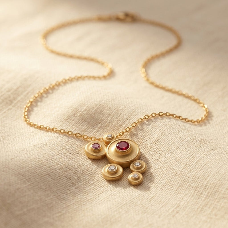 Gold Ruby Cubic Zirconia Cluster Necklace