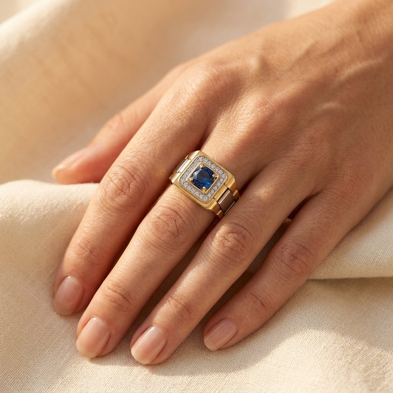 Gold Sapphire Diamond Square Ring