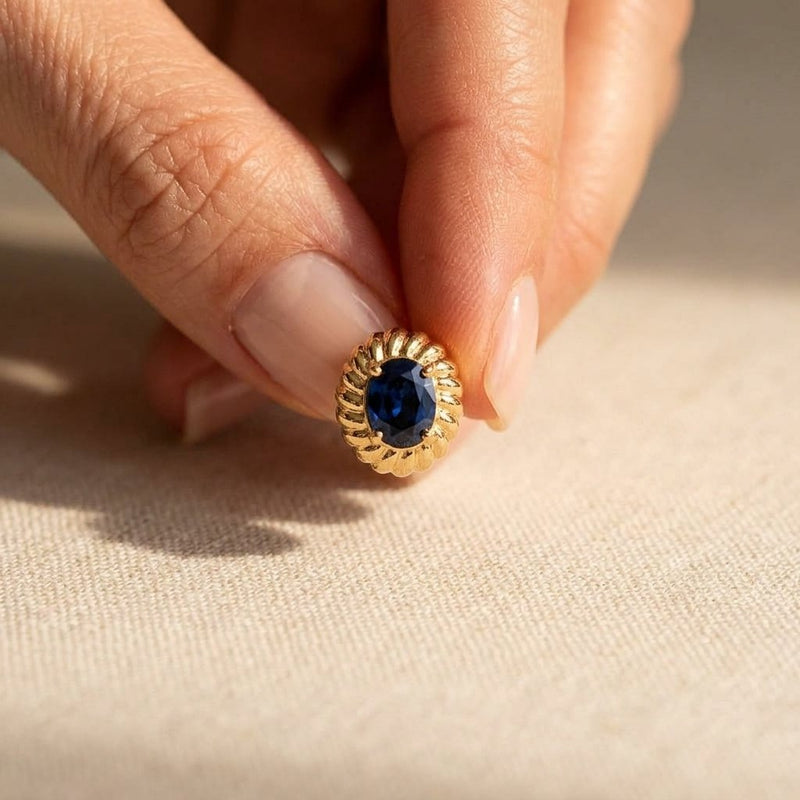 Gold Sapphire Oval Floral Stud Earrings