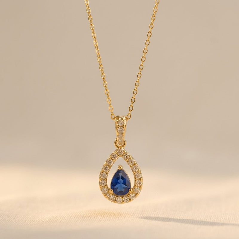 Gold Sapphire Teardrop Halo Necklace