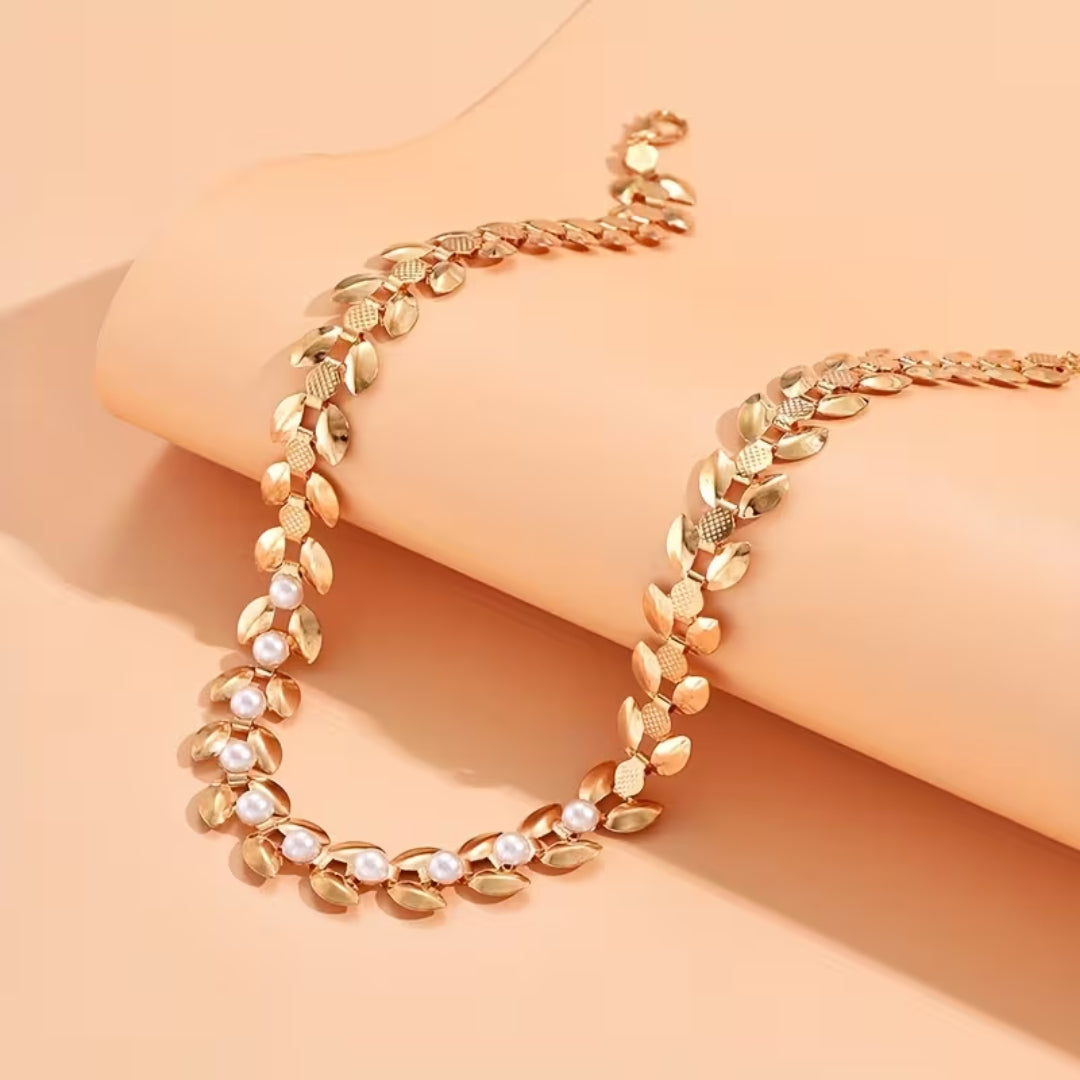 Golden Leaf Pearl Necklace
