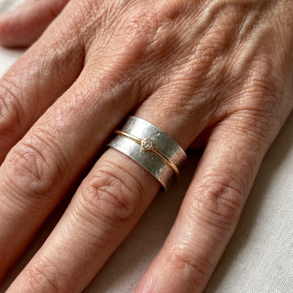 Vintage Silver Open Band Ring with Gold Sphere