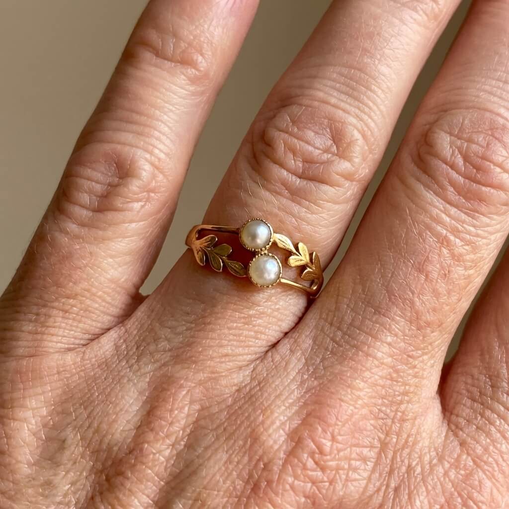 Vintage Double Moonstone Gold Plated Leaf Band Ring