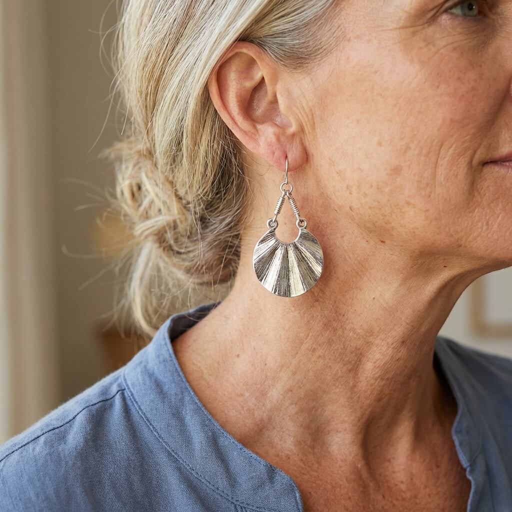 Bohemian Charming Textured Silver Fan Drop Earrings