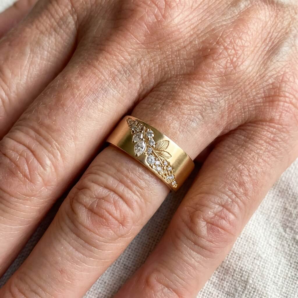 Vintage Wide Gold Plated Shiny Zirconia Leaf Ring