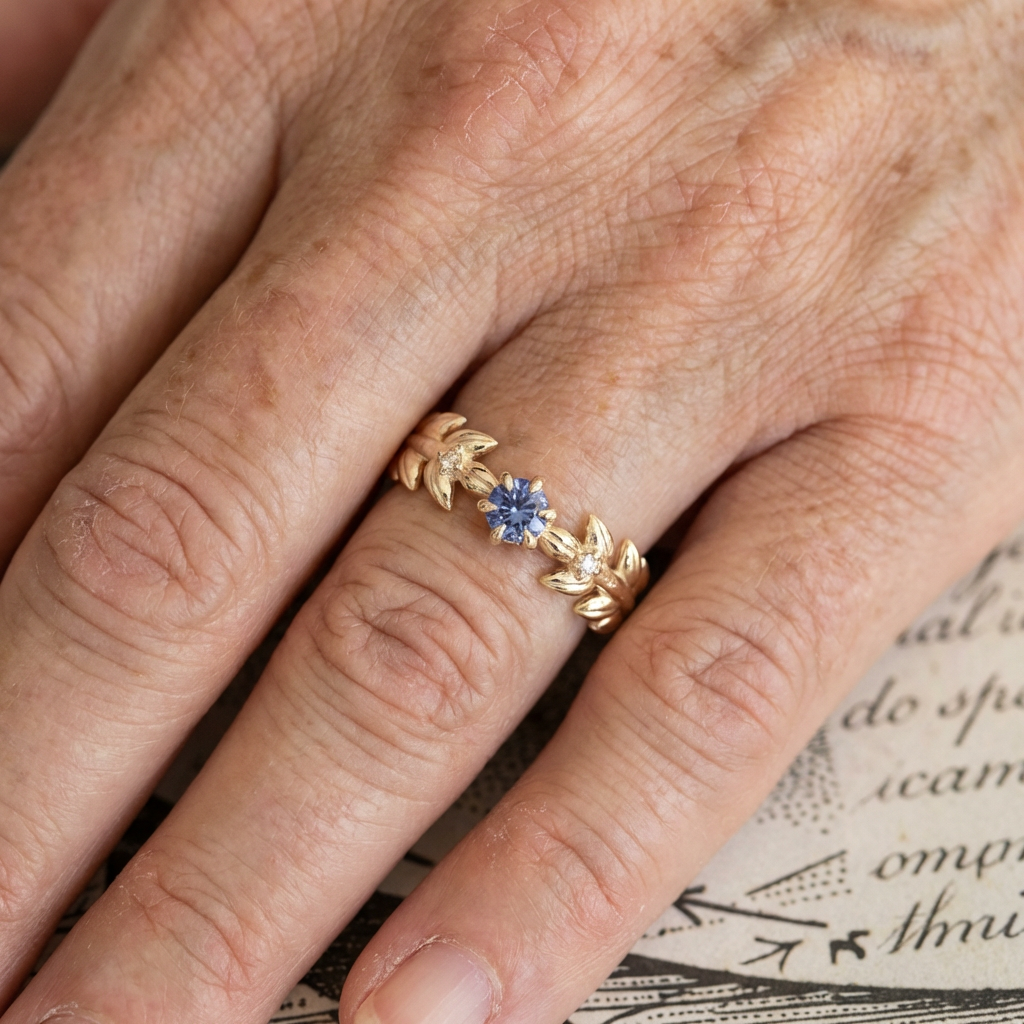 Blue Leaf Solitaire Ring