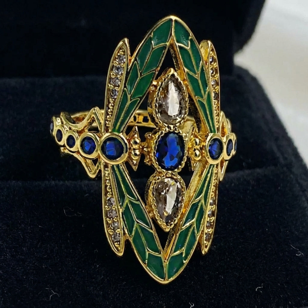 Bohemian Art Nouveau Dragon Fly Zirconia Gold Plated Ring