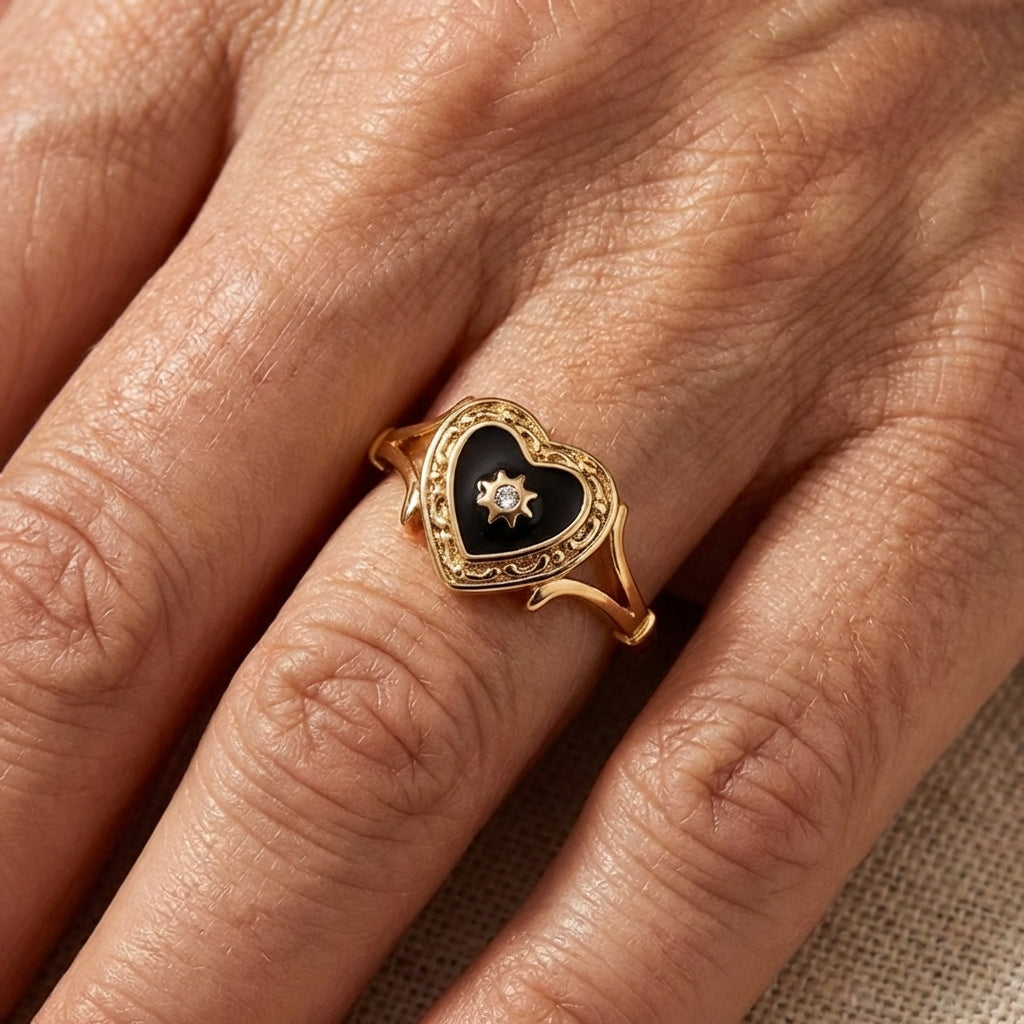 Bohemian Golden Sun Black Heart Design Paved Zirconia Ring