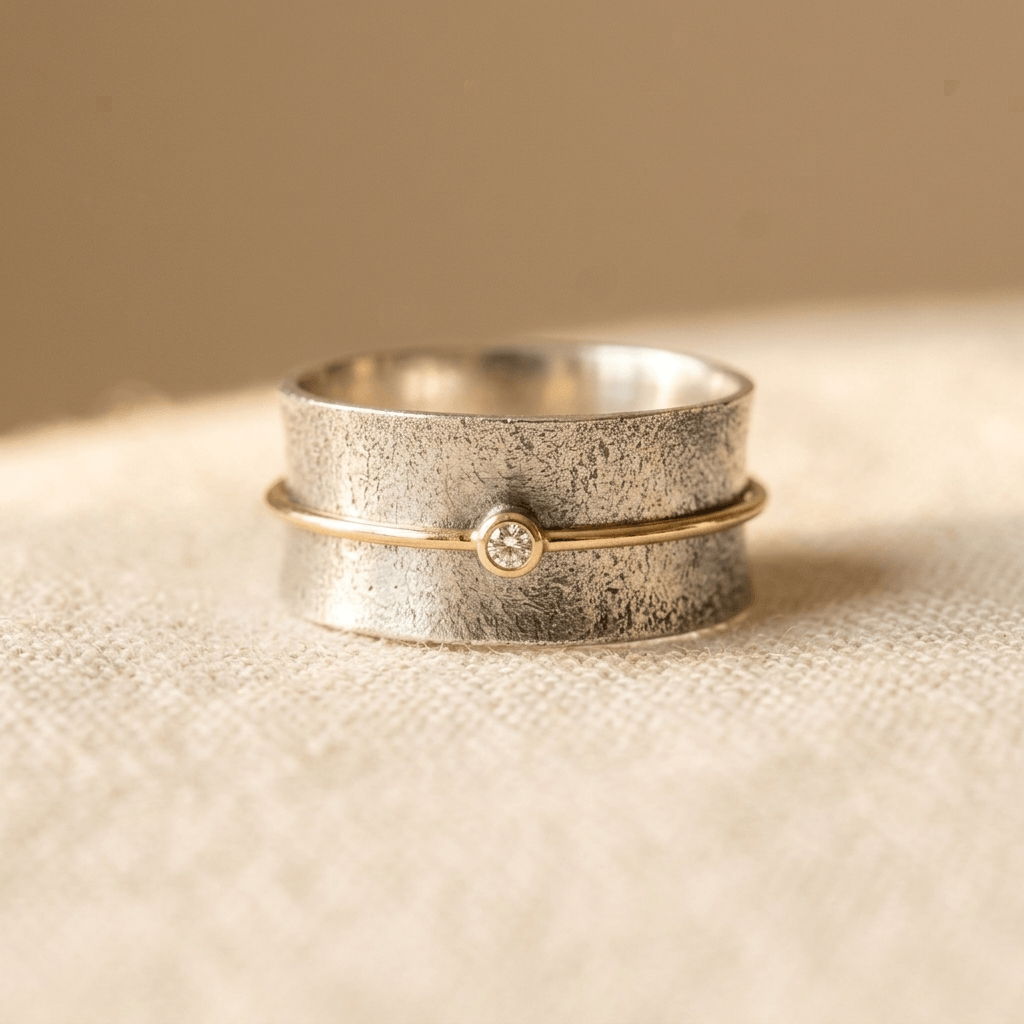 Minimalist Silver Band with Gold Diamond Accent Ring