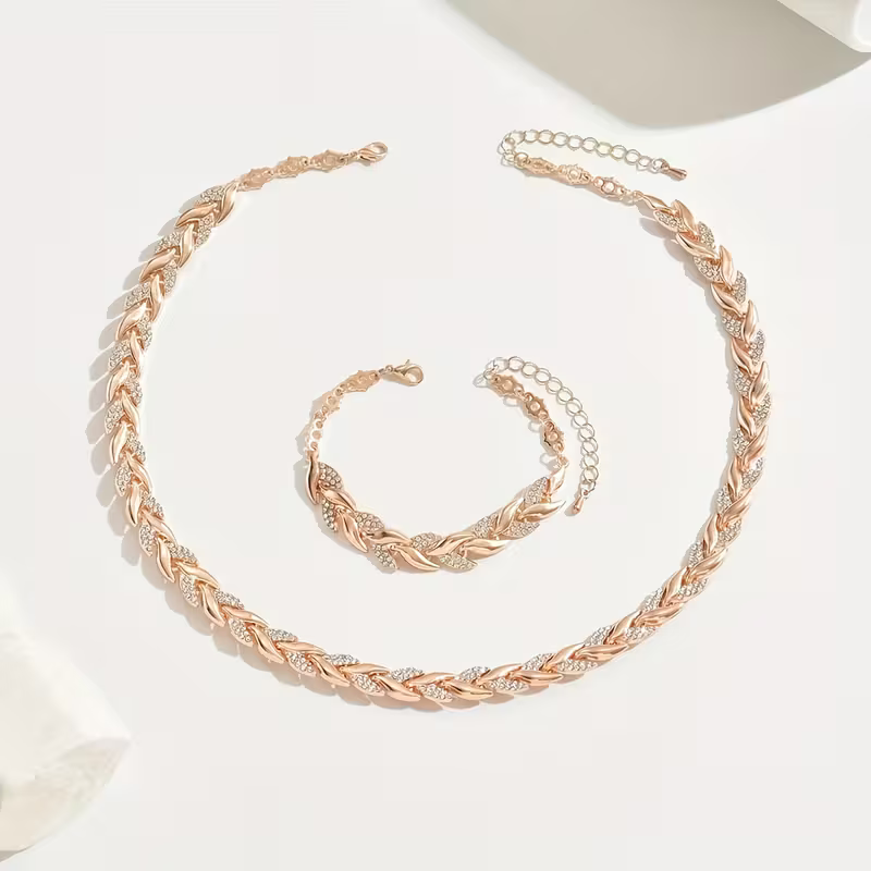 Rose Gold & Silver Leaf Chain Necklace & Bracelet Set