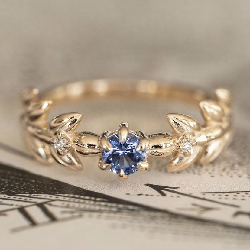 Blue Leaf Solitaire Ring