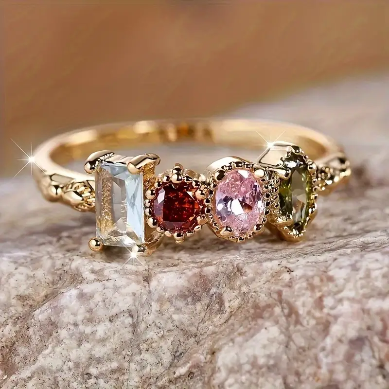 Vintage Multi Gemstone Gold Plated Floral Ring