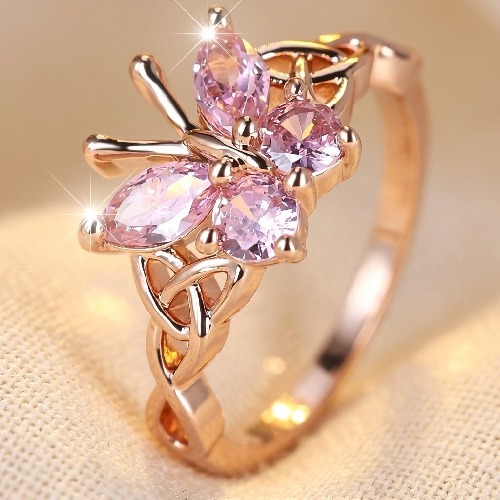 Rose Gold Pink Crystal Butterfly Ring