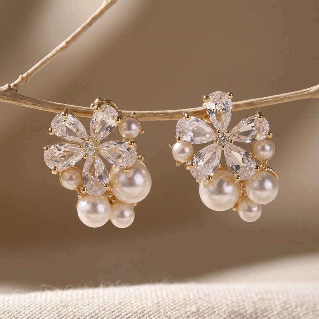 Vintage Pearl Five-Petal Flower Earrings
