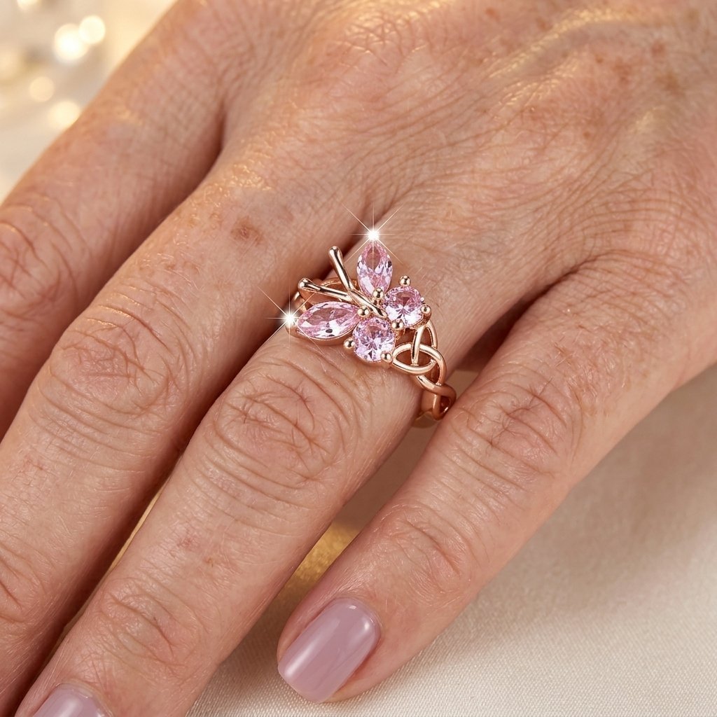 Rose Gold Pink Crystal Butterfly Ring