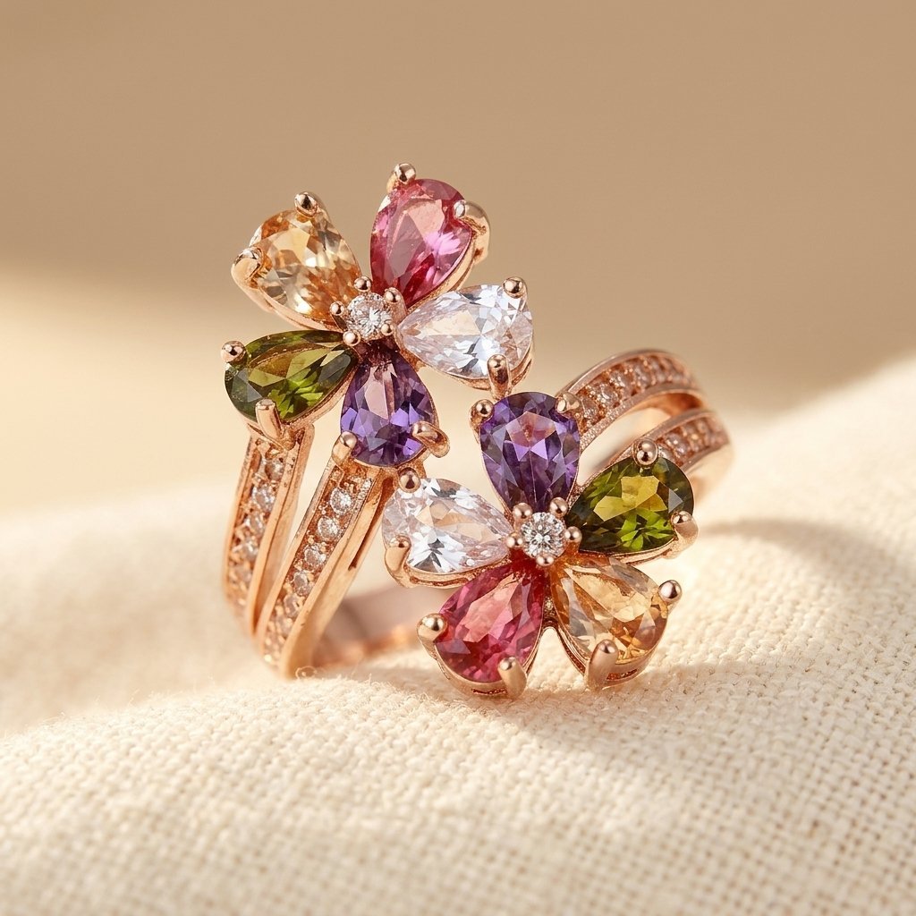 Boho Double Flower Wedding Synthetic Zirconia Ring