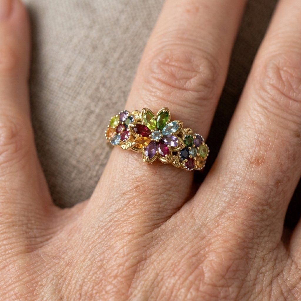 Multi Color Synthetic Cubic Zirconia Flower Row Ring