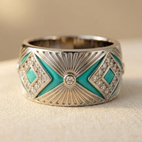 Wide Bohemian Turquoise Blue Porcelain Statement Ring Vintage Ring