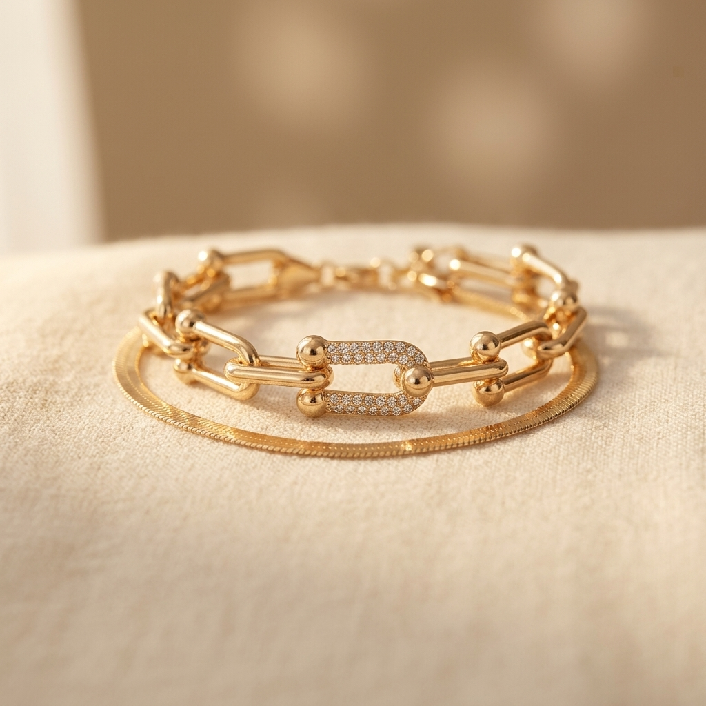 2pc Statement Chain Lock & Herringbone Bracelet