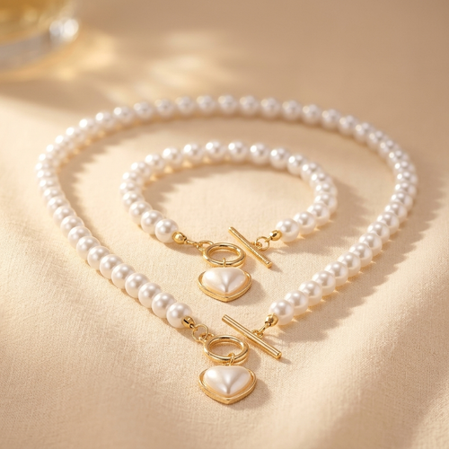2pc Beaded Heart Pendant Bracelet and Necklace Set