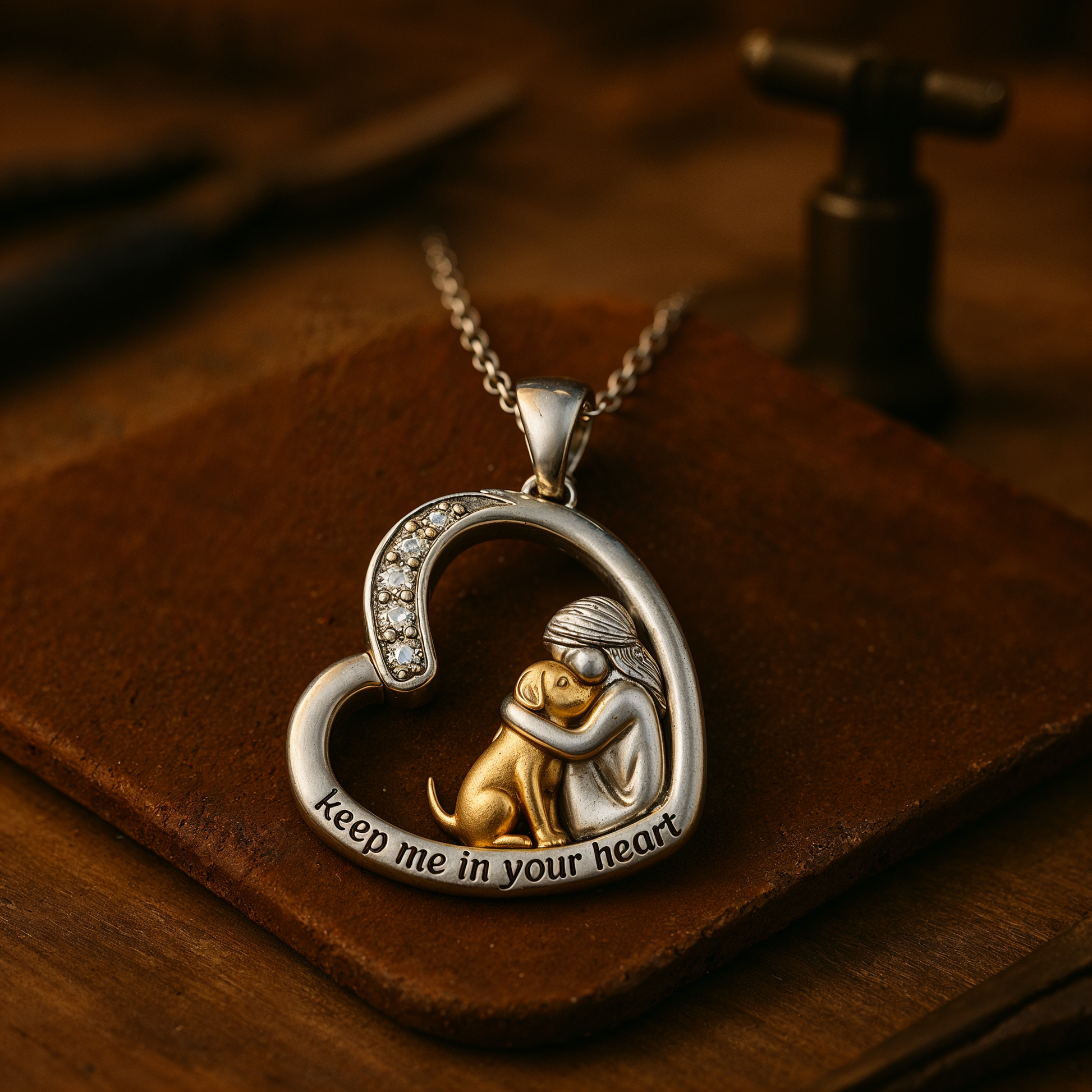 Silver heart necklace with dog and zirconia stones