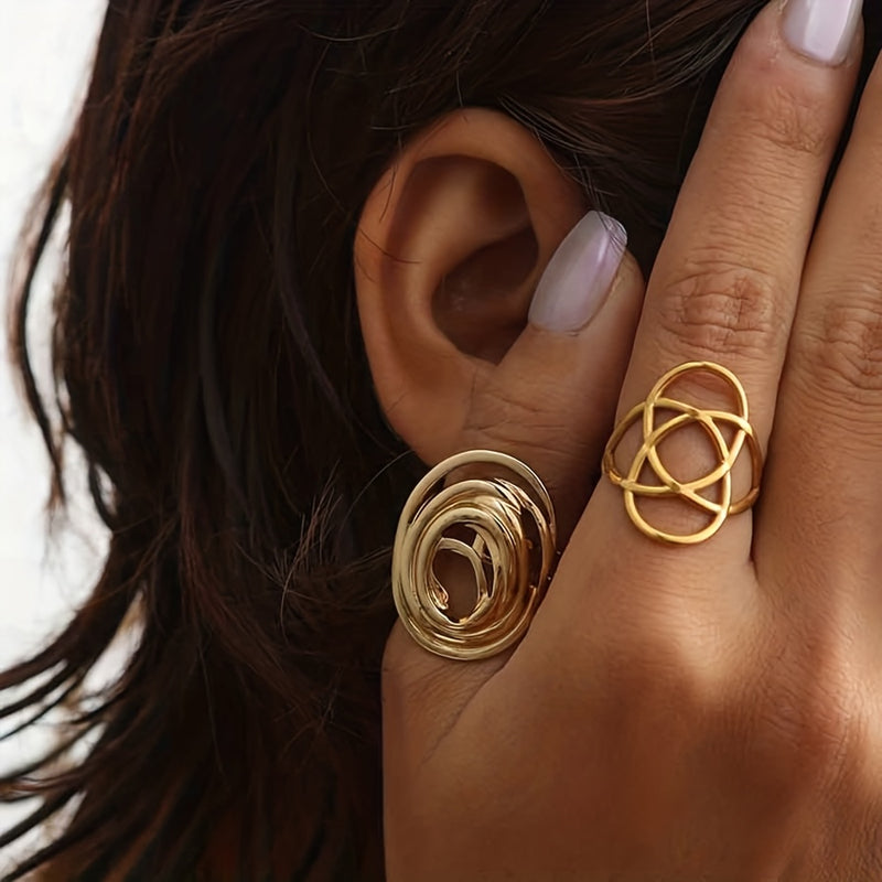 Minimal Design Wave-Style Gold Adjustable Ring Set