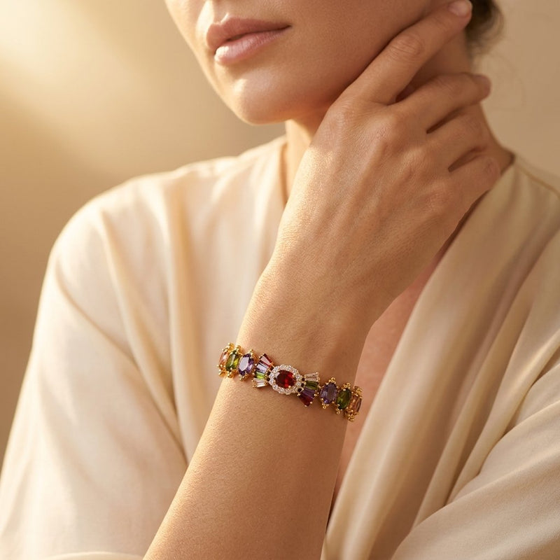 Multicolor Gemstone Gold Oval Link Bracelet