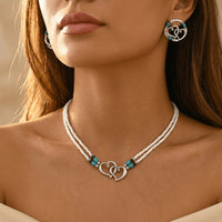 Double Layer Beaded Heart Charm Necklace And Bracelet Set Jewelry Set