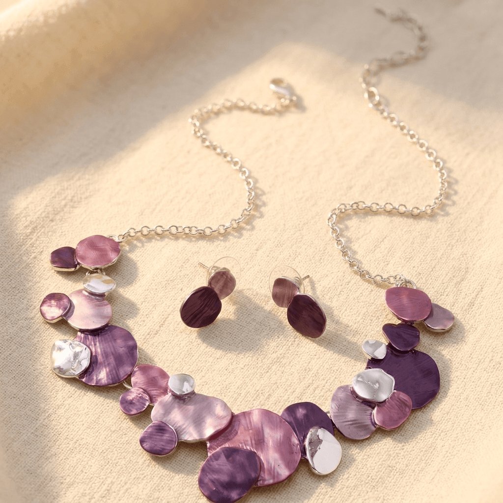 Vintage Distressed Silvery Purple Enamel Irregular Necklace Earrings Set Jewelry Set