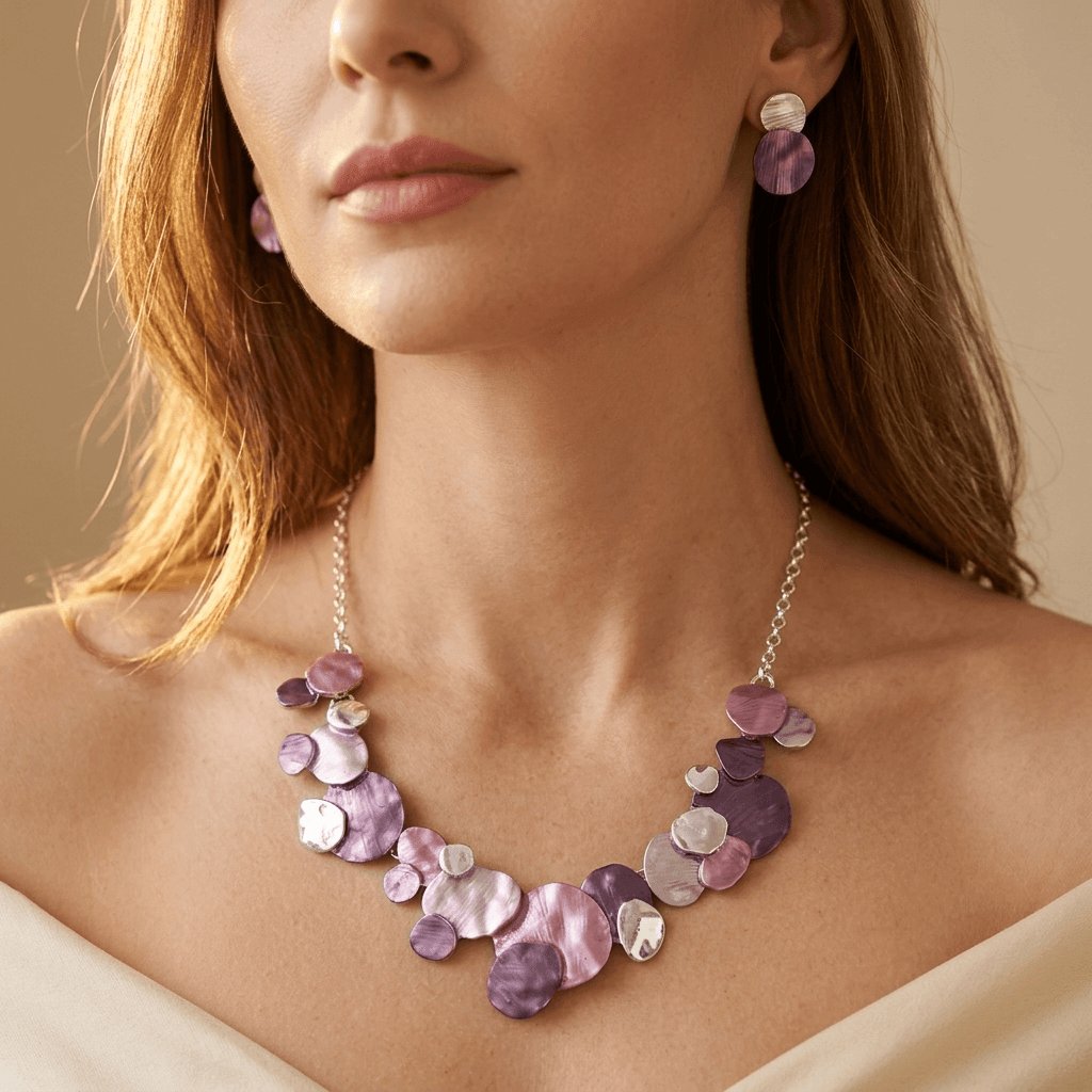 Vintage Distressed Silvery Purple Enamel Irregular Necklace Earrings Set Jewelry Set