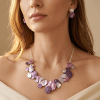 Vintage Distressed Silvery Purple Enamel Irregular Necklace Earrings Set Jewelry Set