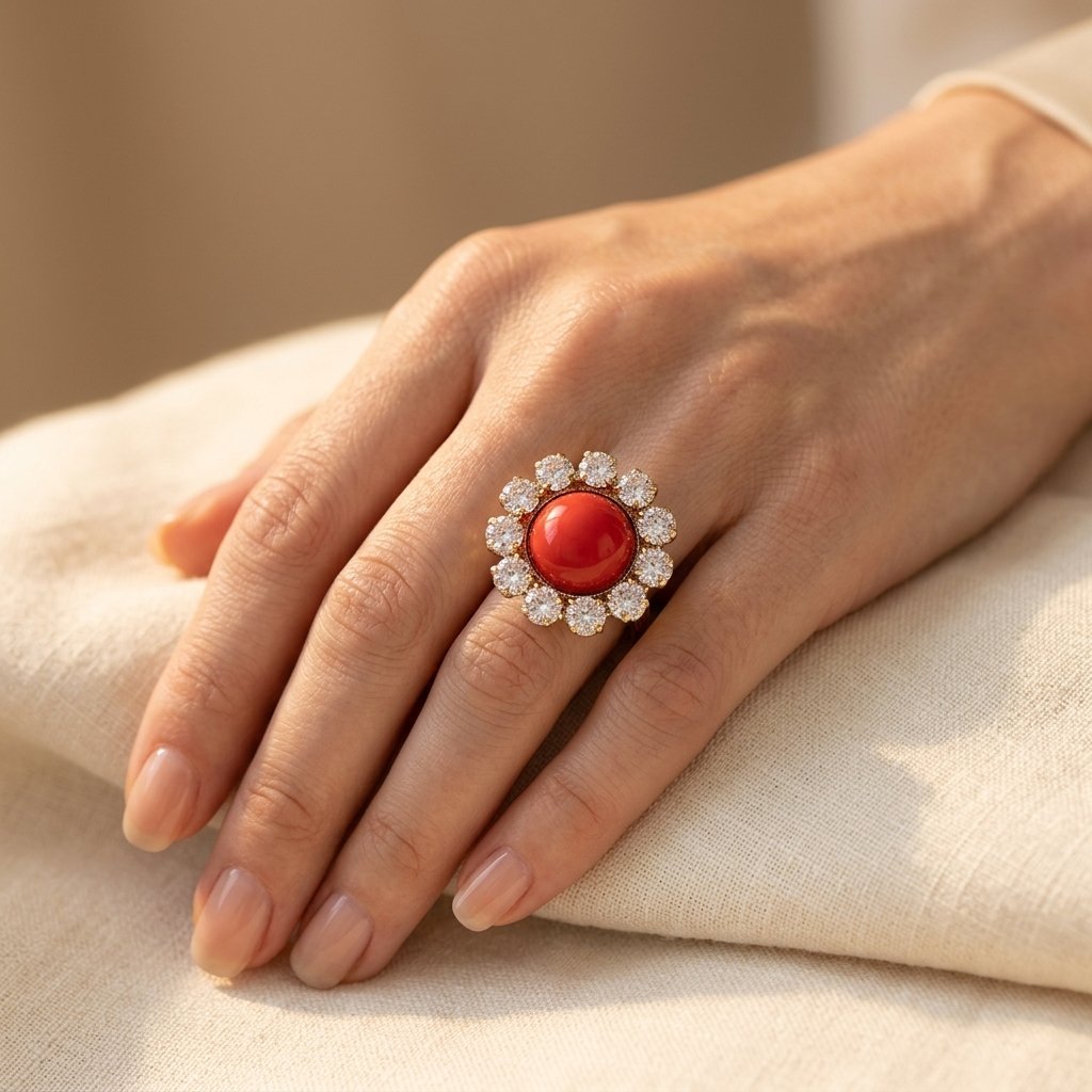 Vintage Red Coral Crystal Halo Ring
