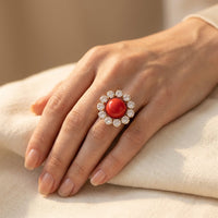 Vintage Red Coral Crystal Halo Ring