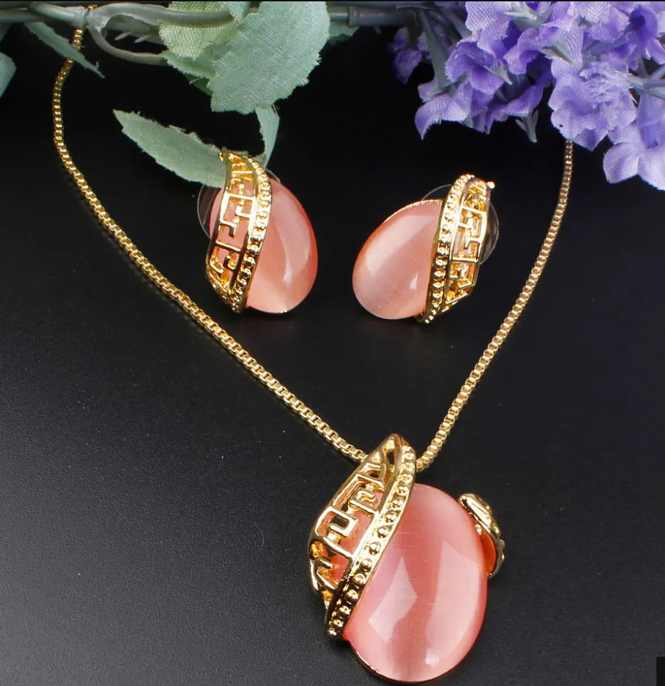 Cats Eye Stone Pendant Necklace Earrings Jewelry Set