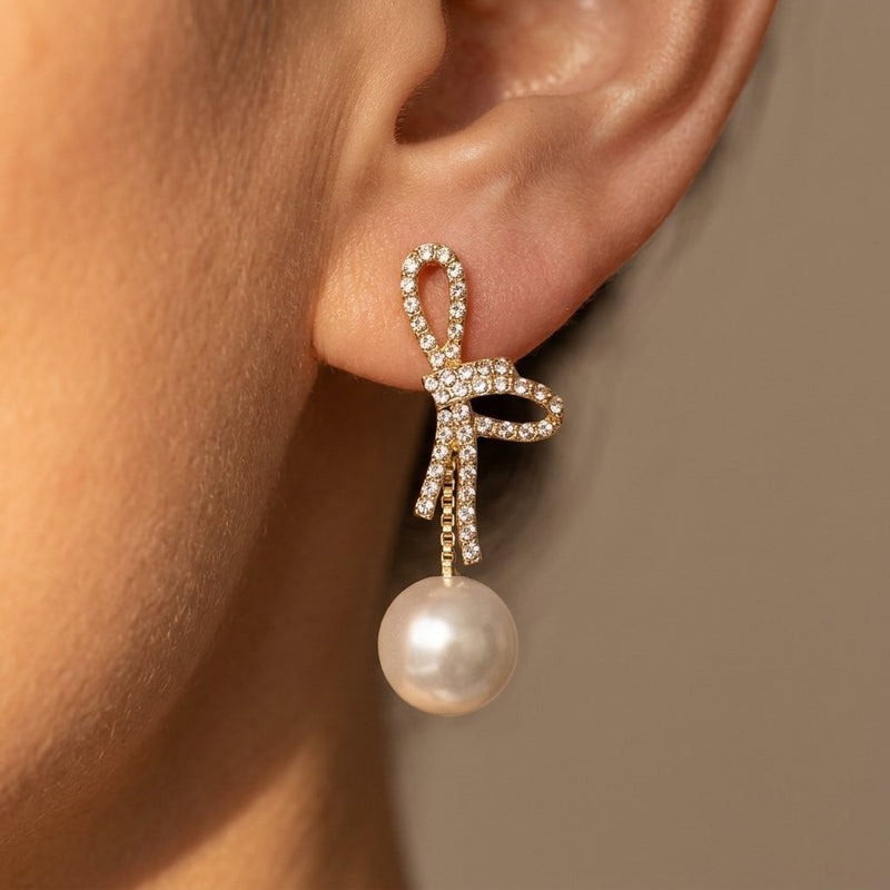 Romantic Gold Crystal Bow Pearl Drop Earrings