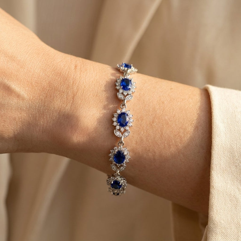 Royal Blue Sapphire Halo Silver Tennis Bracelet