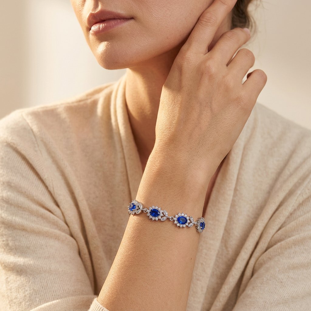 Royal Blue Sapphire Halo Silver Tennis Bracelet
