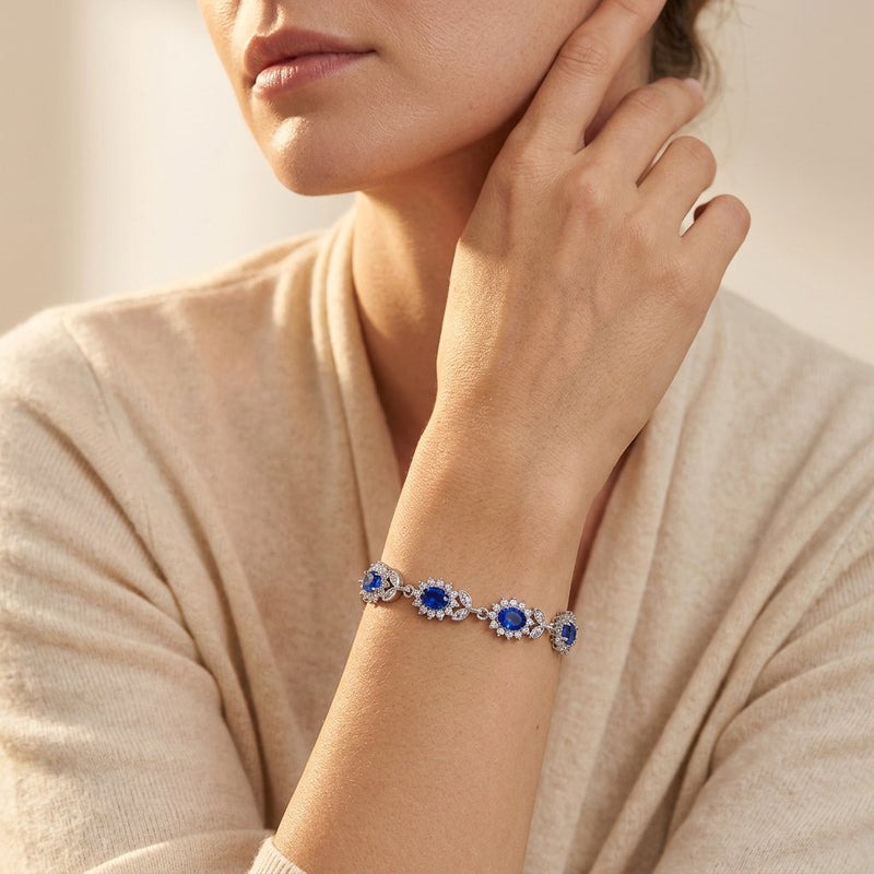 Royal Blue Sapphire Halo Silver Tennis Bracelet